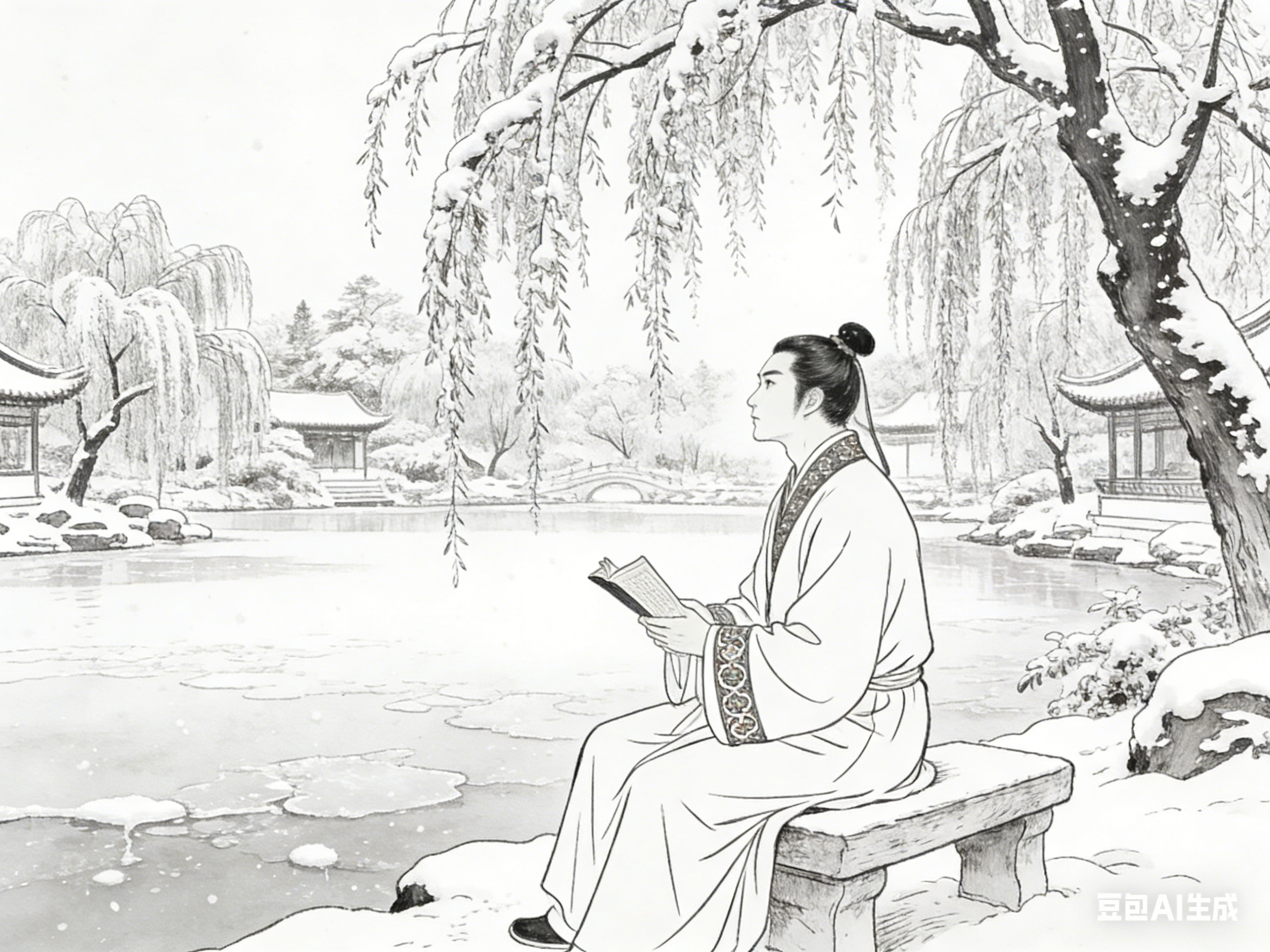 琼雪铺陈郊野阔，古园静锁一庭欢，佳人雅士踏雪共清游