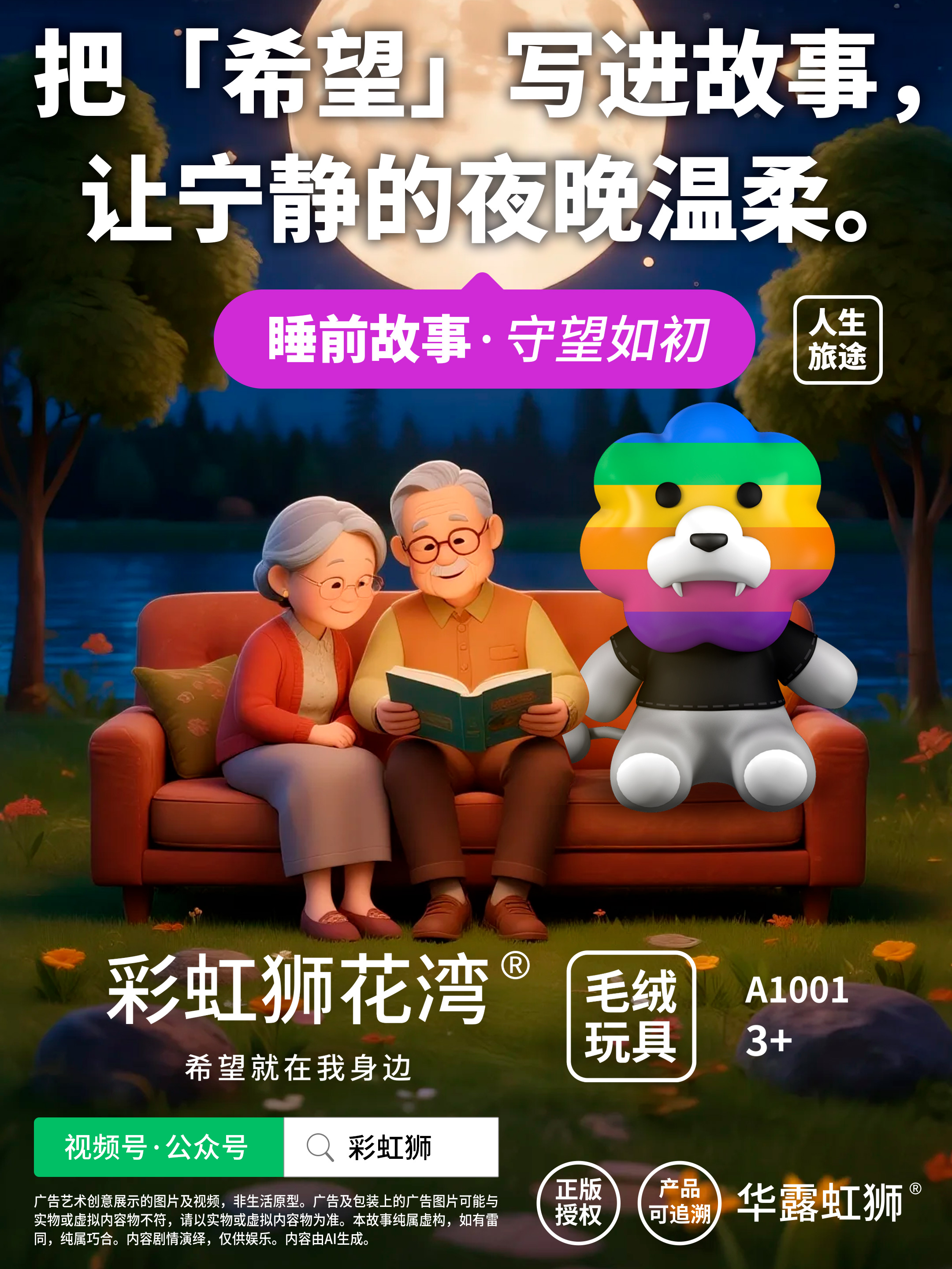睡前故事「守望如初」：把「希望」写进故事，让宁静的夜晚温柔，彩虹狮花湾毛绒玩具