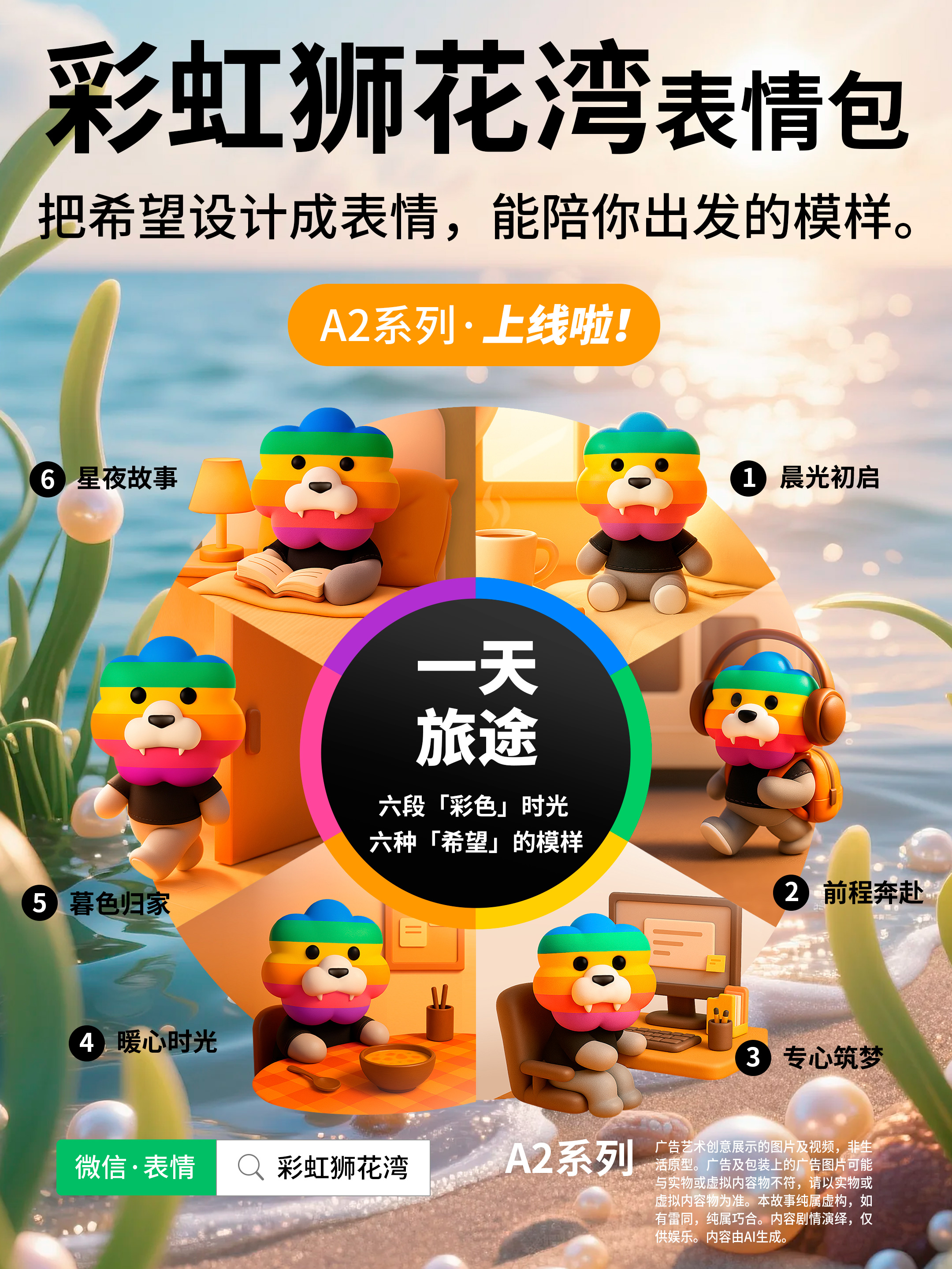 一天旅途：把「希望」设计成「表情」，能陪你出发的模样，彩虹狮花湾 A2 系列表情包上线啦！