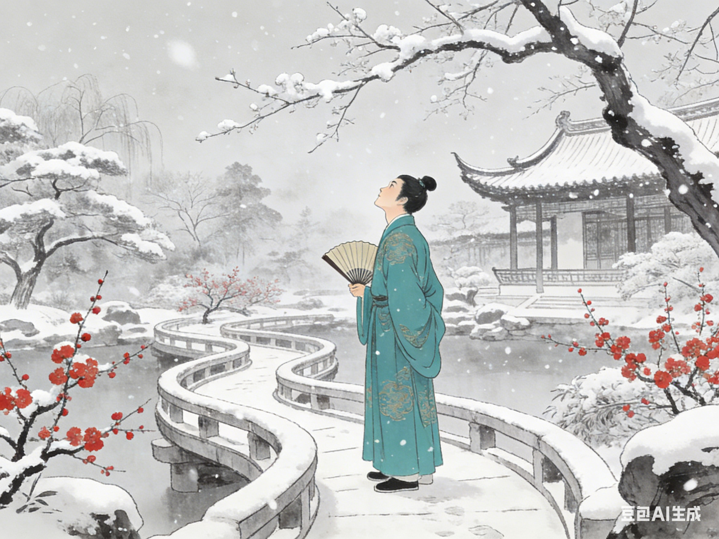 古苑琼芳覆黛瓦，曲廊踏雪访亭台，寒枝映景锁清欢