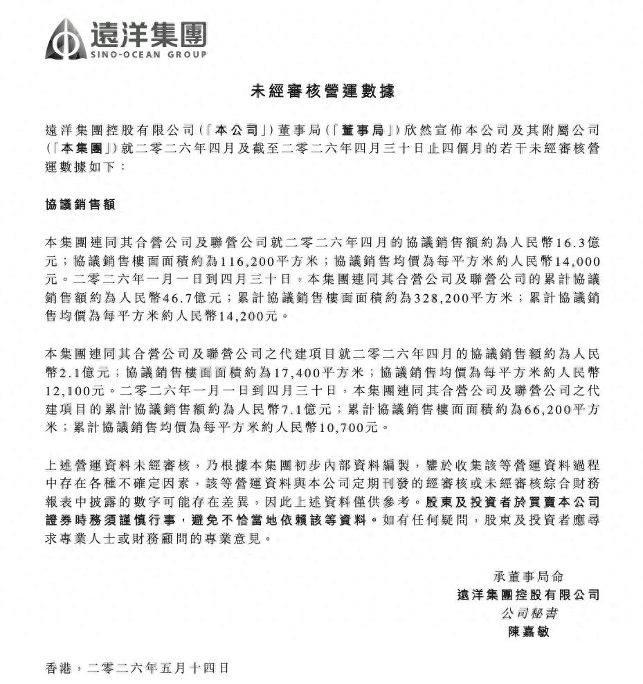 远洋集团前4月协议销售额46.7亿元 代建销售额7.1亿元