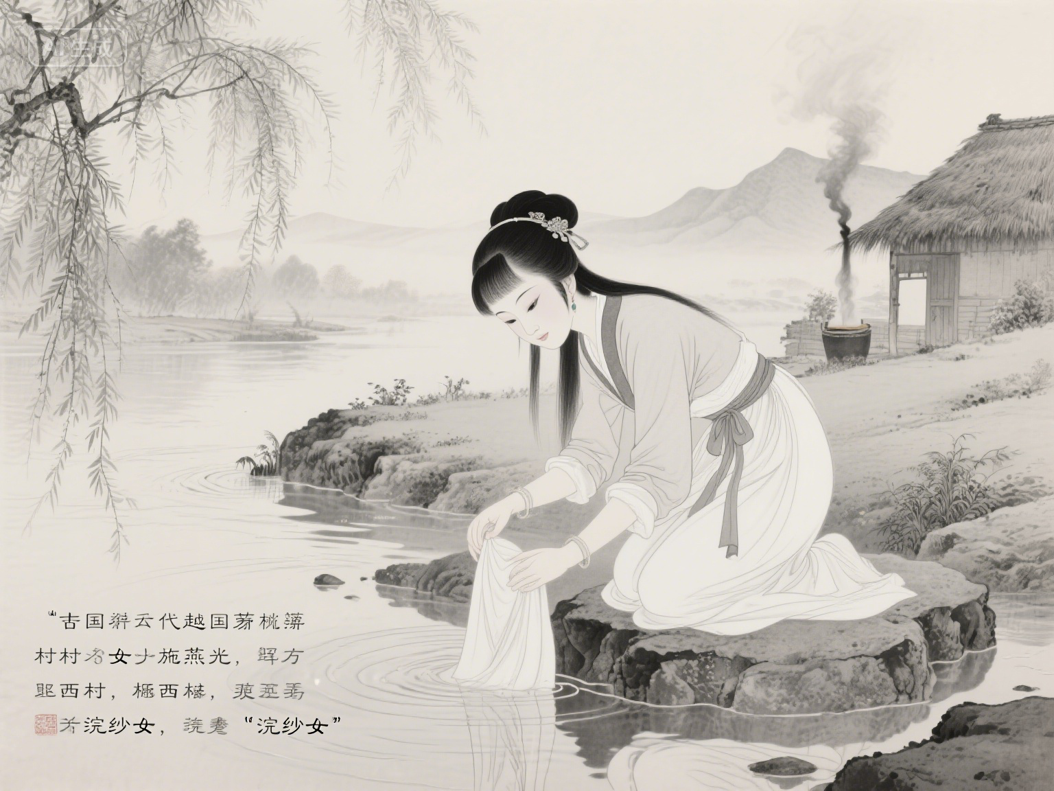浣纱溪畔颜倾国，吴越风云载传奇，千秋绝色西施名传万古流芳