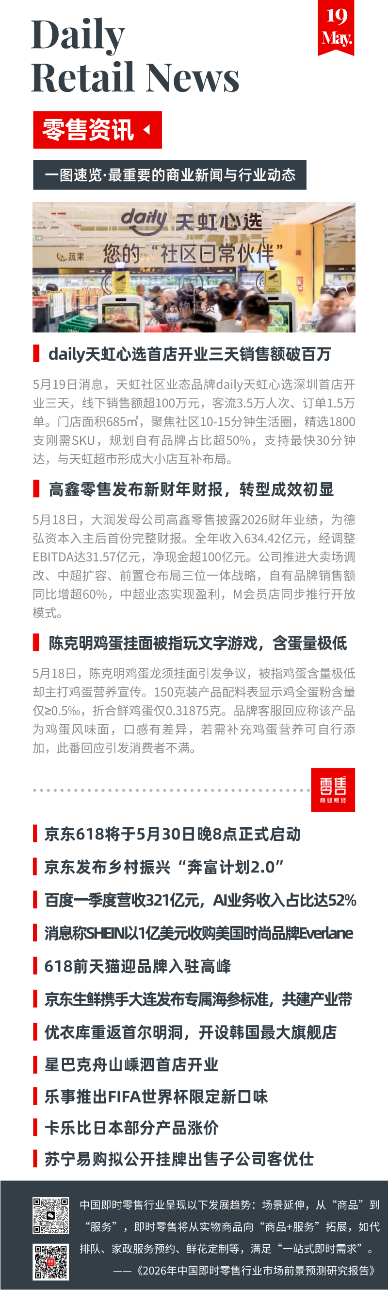 daily天虹心选销售额破百万；高鑫零售收入超634亿元；京东618将启；陈克明鸡蛋挂面被指玩文字游戏；卡乐比涨价；苏宁